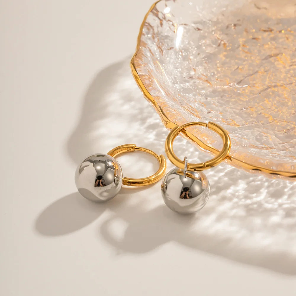 Stainless Steel Simple Solid Ball Geometry Pendant EarringsGold Plated Hoop Earrings