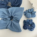 MIO Blue Denim Fabric Sweet Flower Elastic Hair Scrunchies Hair Ties With Roses Large Size square Rose Hair Rubber Band