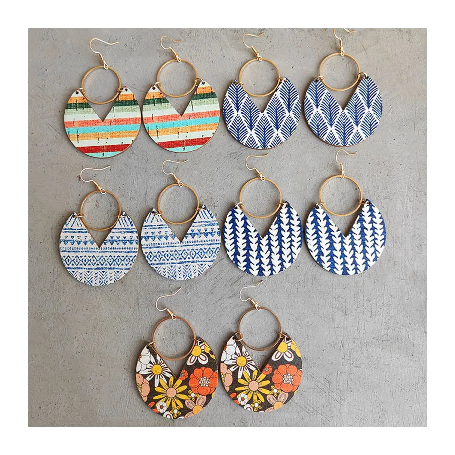 Fashion Retro Floral Print Earrings Boho Geometric Stripe Wooden Earrings for Women
