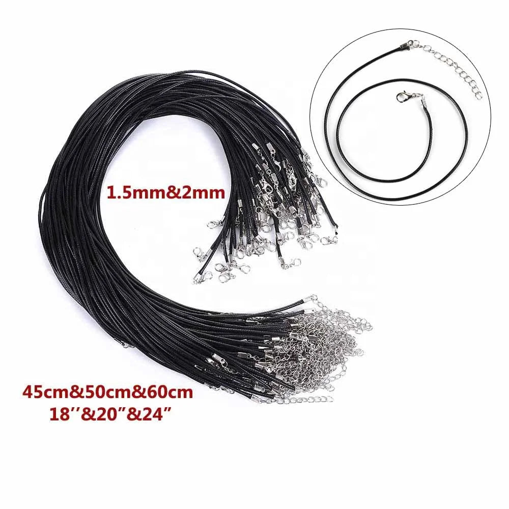 Adjustable Extender Chain Lobster Clasp Black Wax Rope Chain Braided Leather 1.5mm 2mm 18" Wax Cord Necklace for Jewelry Making