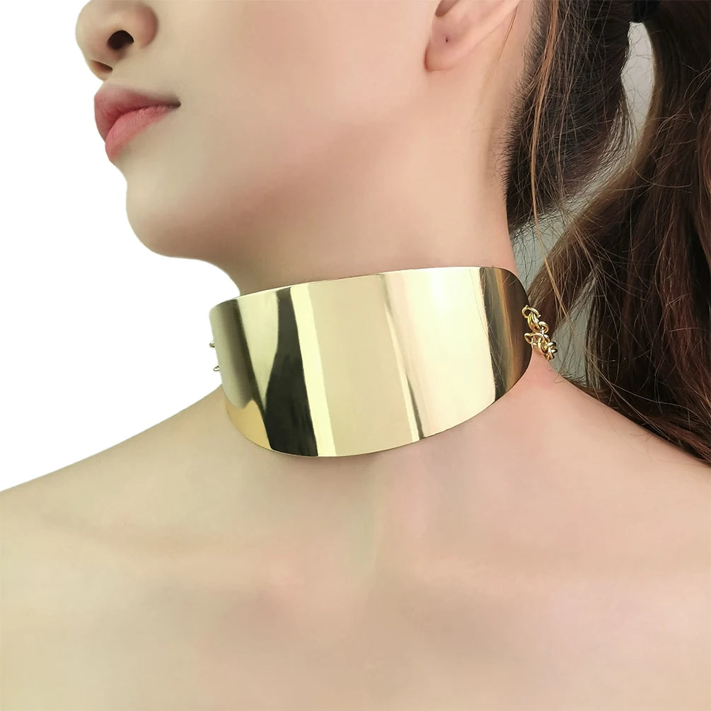 African Statement Glossy Wide Face Shiny Choker Gold Plated Unique Chain Collar Necklace for Women Ethnic Exquisite Jewelry