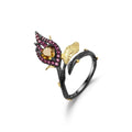 Abiding Natural Citrine Stone Gold Plated Leaf  Ring 925 Sterling Silver Jewelry Adjustable Ring Women for Wedding With Red Cz