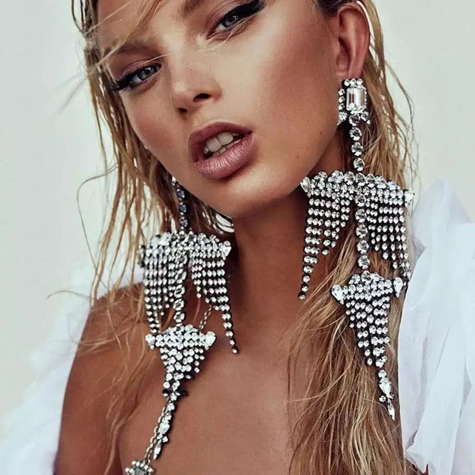 HANSIDON Personality Crystal Long Tassel Drop Earrings for Women Party Hip Hop Punk Jewelry