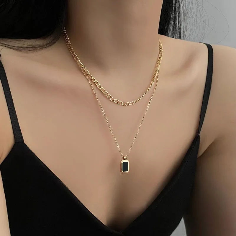Fashion Black Square Pendant Necklace Gold Plating Double Chains Stainless Steel Necklace for Women Girls Jewelry Wholesale