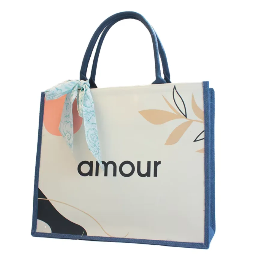 Custom Logo Waterproof Personalized Canvas Beach Jute Tote Bag for Women Outdoor Shopping Travel Jute Bag  Grocery