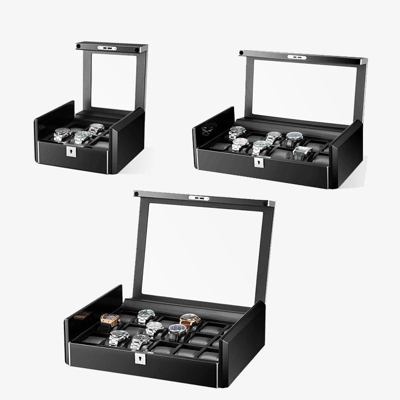 Embers Handmade Black Fashion Watch Storage Box 6 12 18 Slots Black Piano Lacquer Pillow Carbon Fiber Display Box