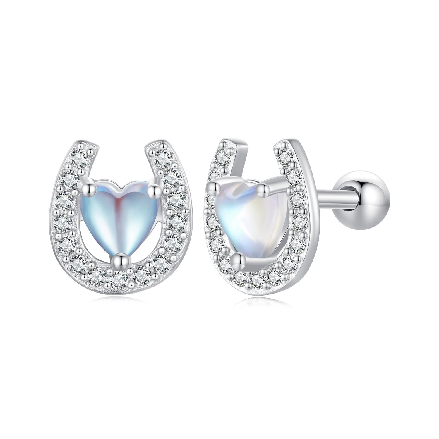 Factory 925 Sterling Silver Lucky Horseshoe Stud Earrings for Women Rainbow Moonstone Zircon Ear Clips Girl SCE1612