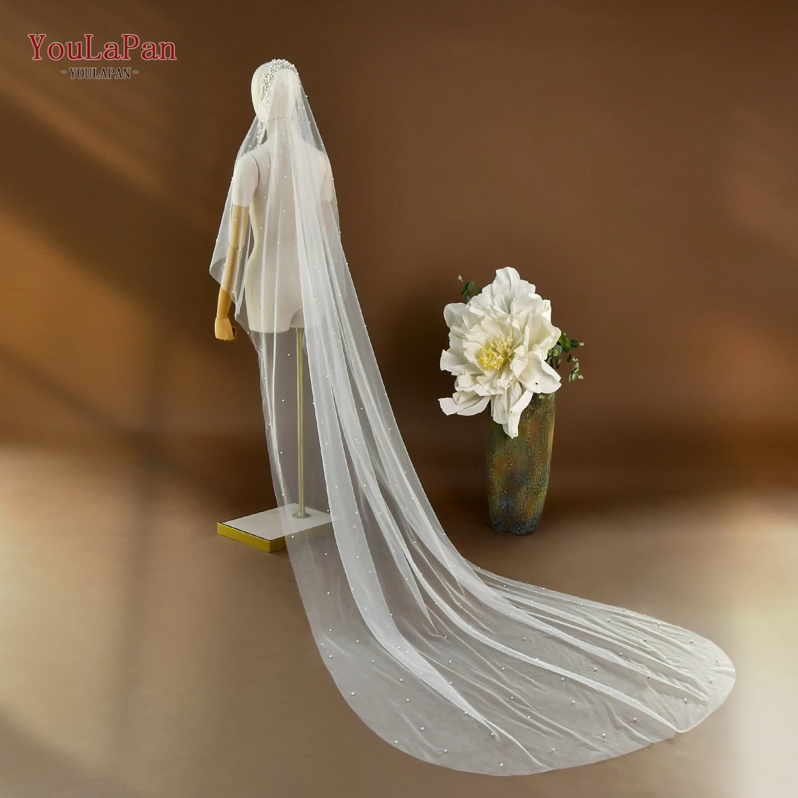 YouLaPan V207 Light Luxury Bridal Veil Pearl Decoration Party Wedding Ladies Veil Single Layer Tulle Cathedral Wedding Veil