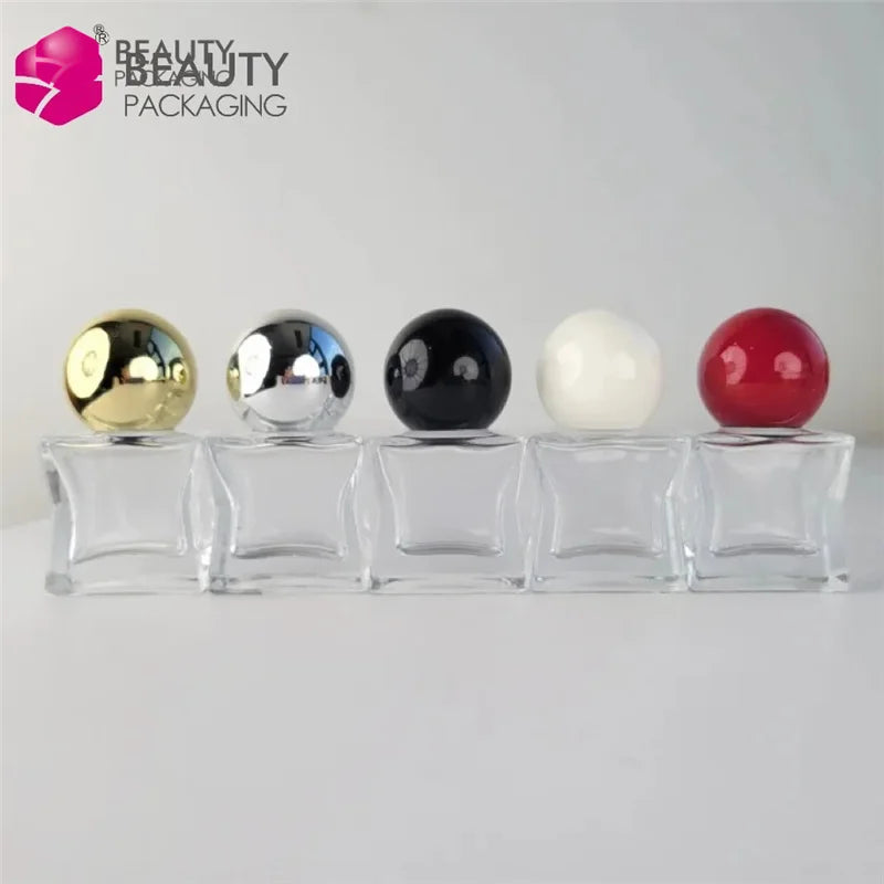 Clear Square  30ml Glass Perfume Bottles 50ml  with Crimp Top and Colored Gold Black Ball Cap