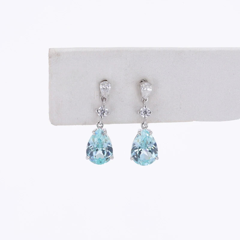 9K White Gold Custom Earrings with Lab Sapphire Paraiba 5x7mm Pear Shape with Moissanite Stone Gold Earrings