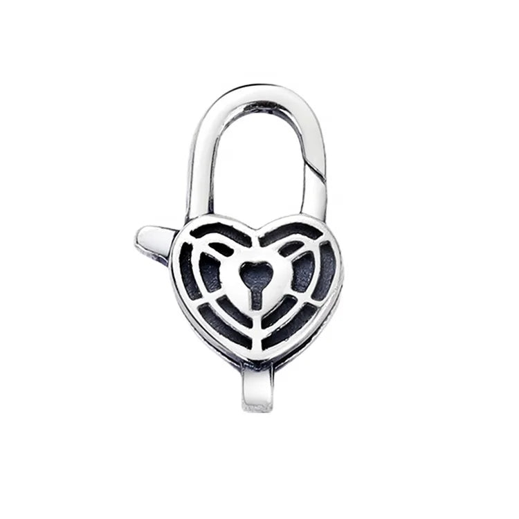 Oxidized Silver 925 Heart Key Lock Findings Spider's Web Mesh Net Shape Lobster Clasp for Bracelet & Necklace