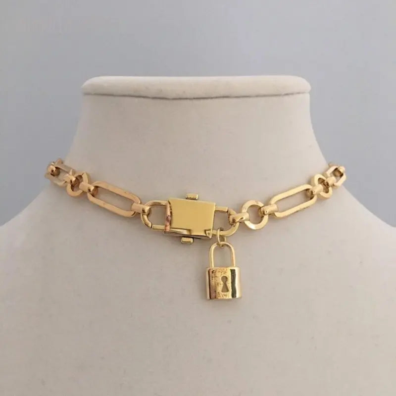 NM35078 Brass Jewelry Dainty Trendy Lock Chain Necklace Gold Plated Simple Choker Necklace for Women