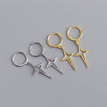 New Trendy 925 Sterling Silver Geometric Cross Shape Starburst Hoop Earrings for Women