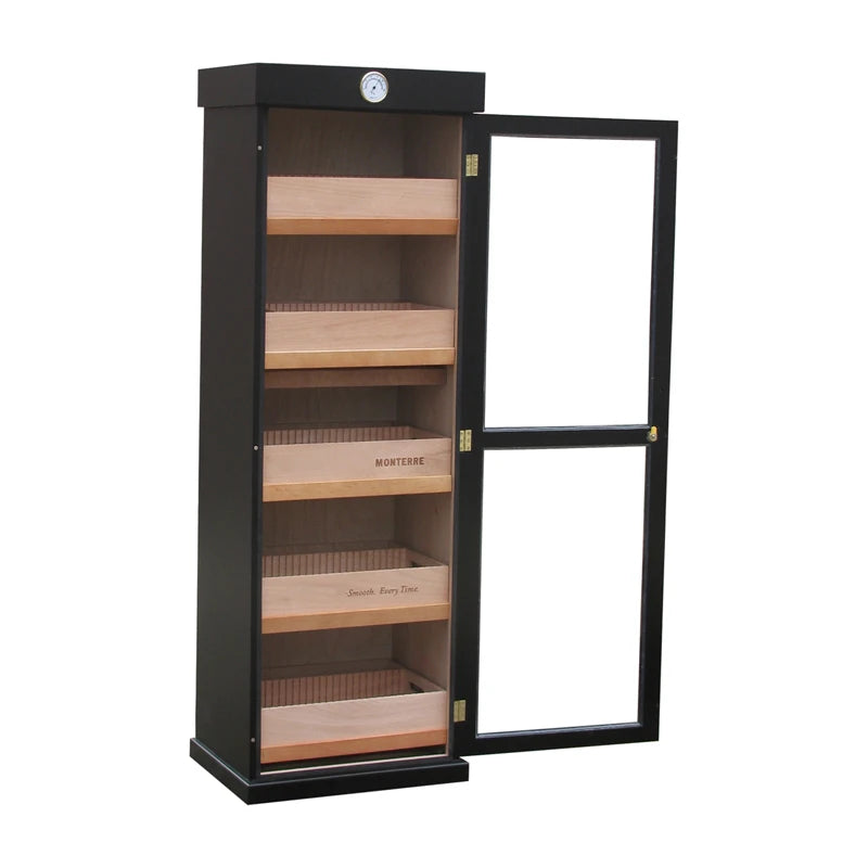 Luxury LED Light Glass Window Display One Door Storage Box Cigar Wooden Cigar Cabinet