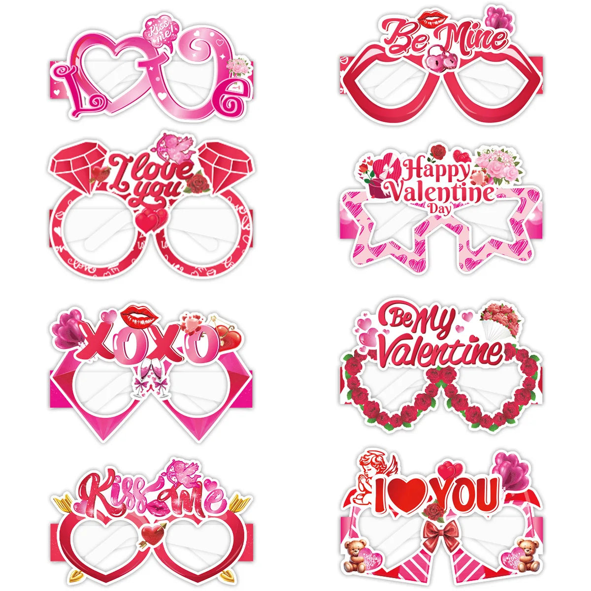 Pafu 8PCS Valentine's Day Decor Wedding Party Supply Pink Theme Glasses Valentine's Day Photo Booth Props for Couple Lovers