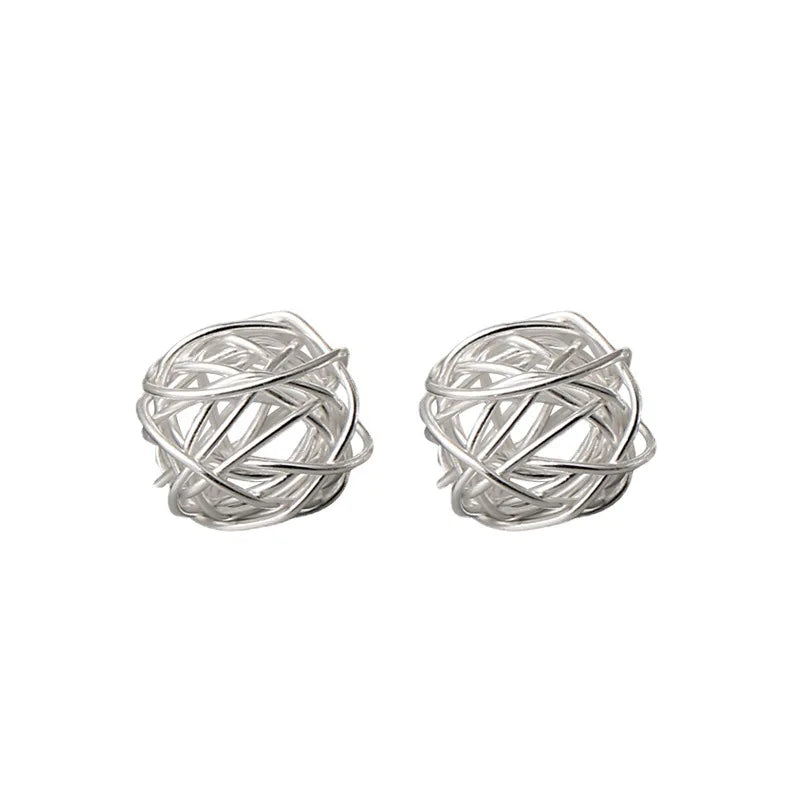Wool Ball Stud Earrings for Women Round Braided Knot Silver 925 Gold Plated Chunky Twisted Hollow Earrings Anniversary
