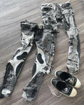AeeDenim High Street Hip-hop Cargo Pants Skull Bones Patches Embroidered Tapered Slim Denim Jeans