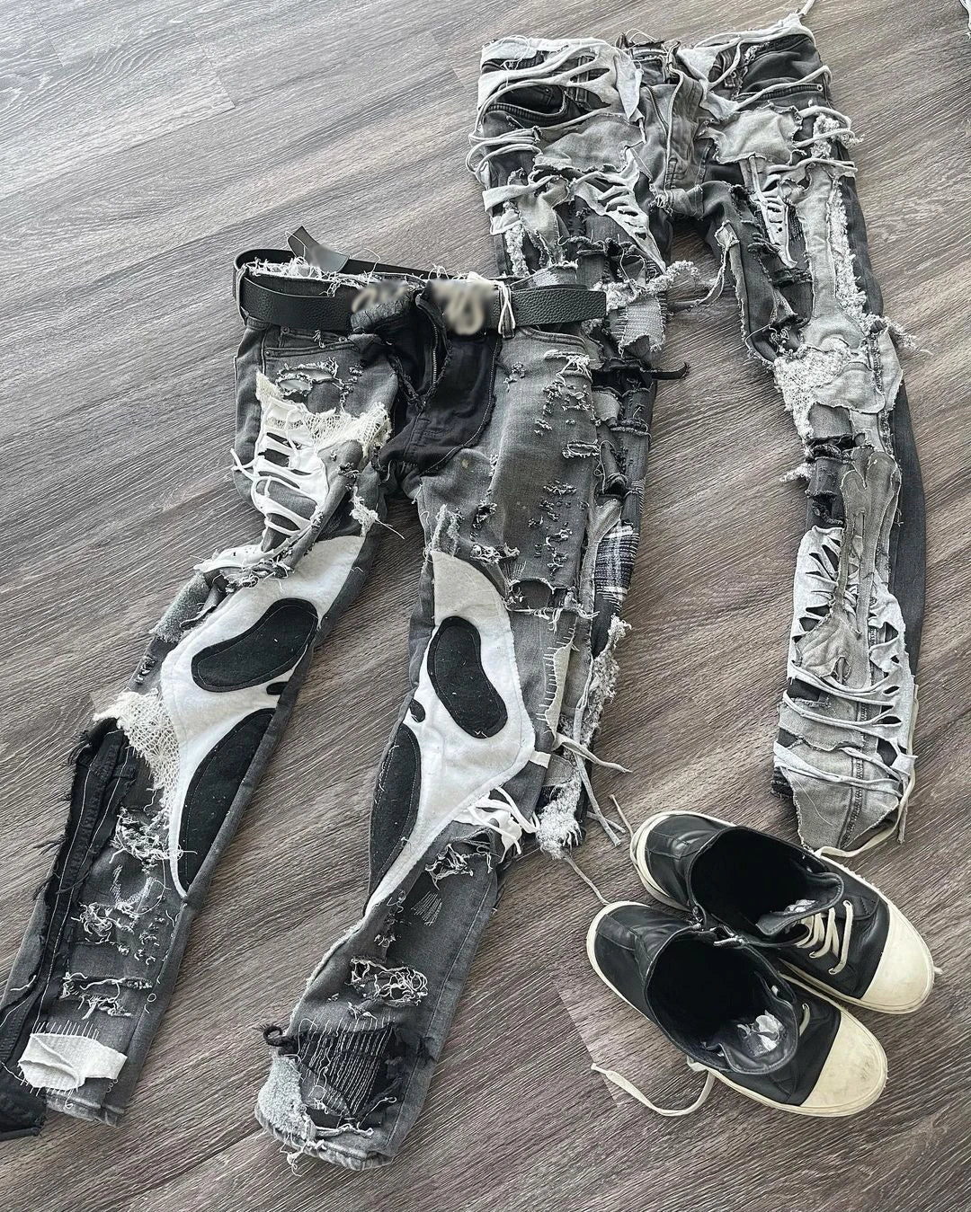 AeeDenim High Street Hip-hop Cargo Pants Skull Bones Patches Embroidered Tapered Slim Denim Jeans