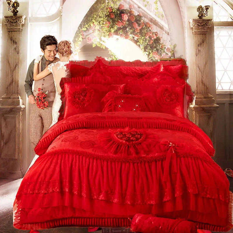 Luxury American Style Cotton Multi Layers Embroidery Lace Princess Wedding Bedding Set Lace Duvet Cover Bedspread Pillowcases