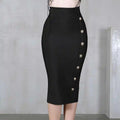 Elegant Midi Pencil Skirt High Waist Bandage Skirt Black Elastic Bandage Skirts Button Women Clothes