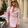 Enyami New Spring Feminine Sweet Romantic Lapel Blouse Pink Striped Mini Skirt Cotton Two Piece Co Ord Set