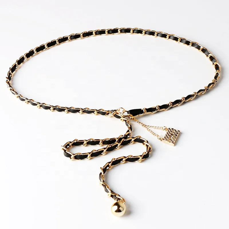 Trendy Fashion Ladies Metal Belt with Square Pendant Chain Type Fancy Waist Accessory