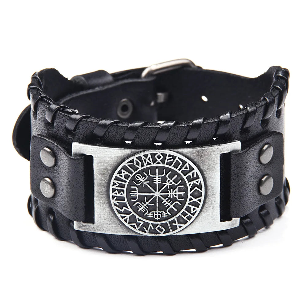 MIO  Viking Totem Punk Braided Rope Alloy Bracelet Bangle Wristband Genuine Leather Bracelet for Men Wide Cuff Wristbands