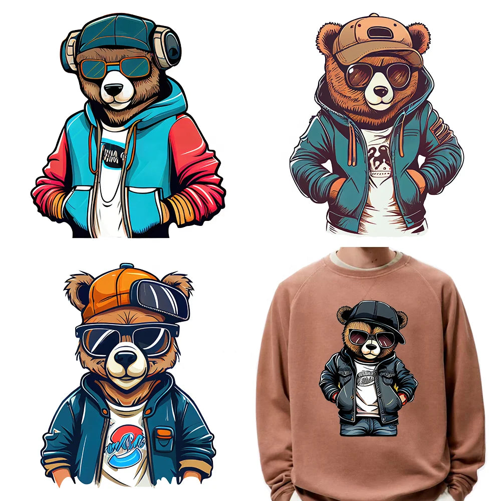 Good Quality Cool Bear DTF Custom Digital Printing Decals Teddy Bear With Hat Heat Transfer Stickers for Clothing