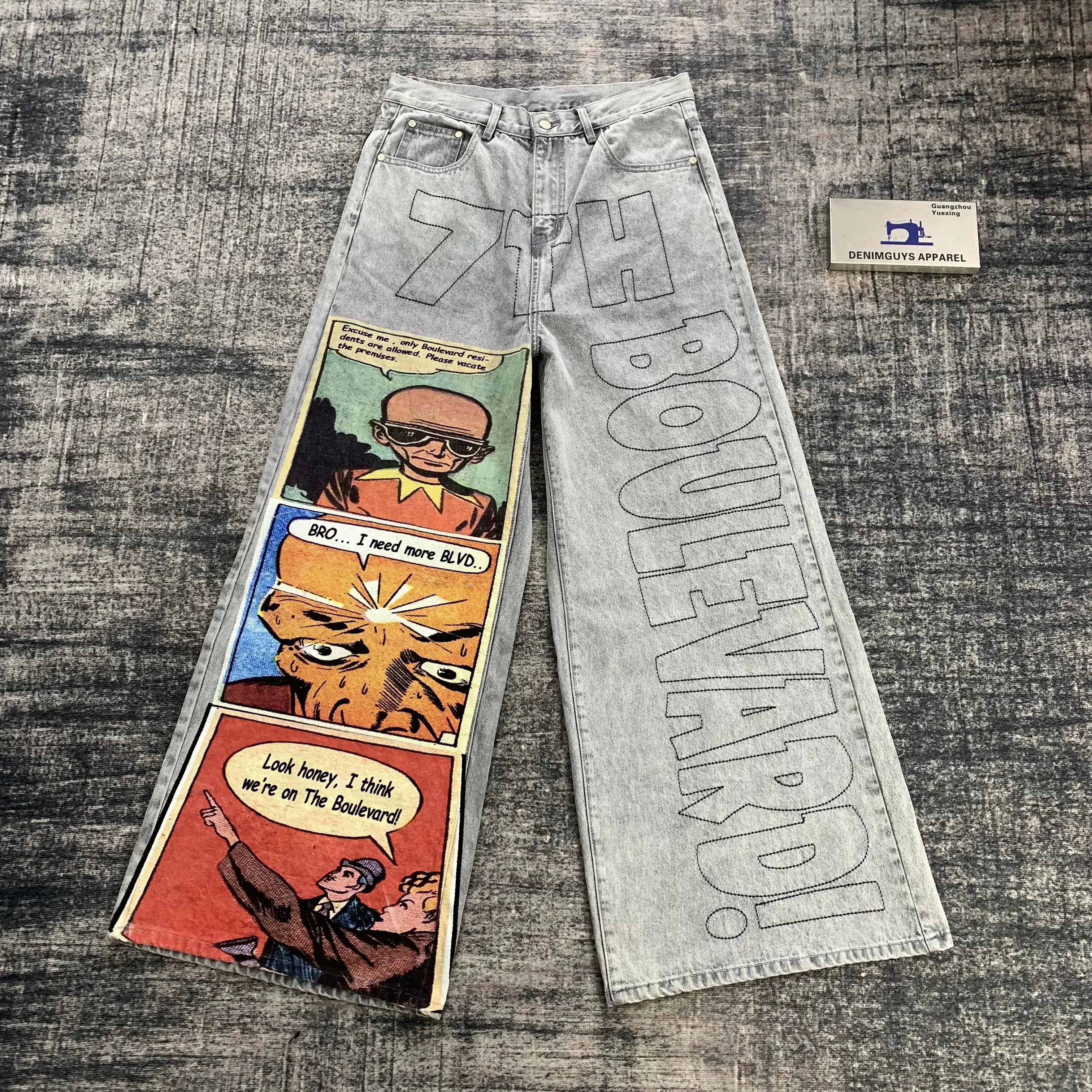 DENIMGUYS Vintage Wash Men's Digital Printing Denim Pants Jeans Streetwear High Street Embroidery Baggy Wide Leg Jeans for Men