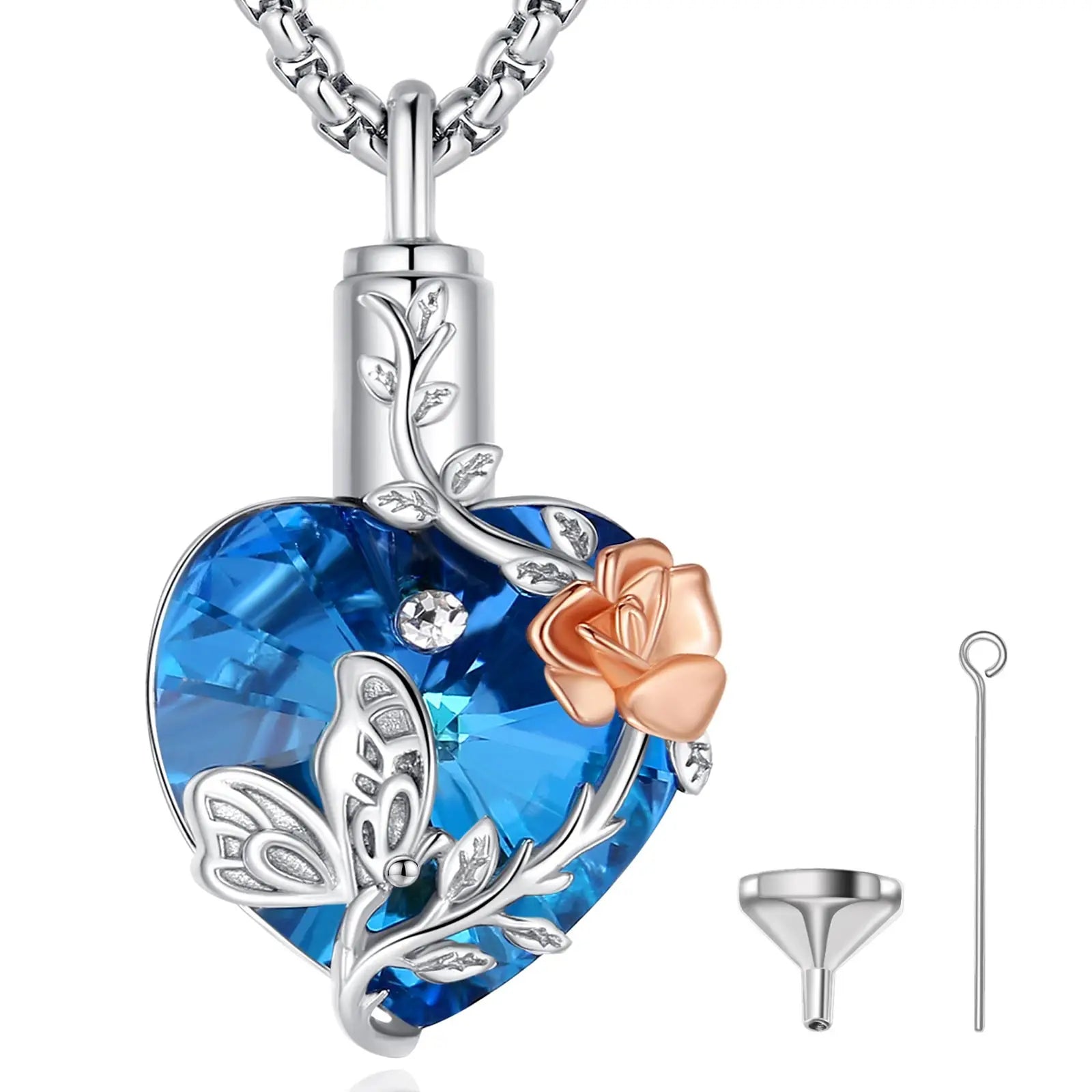 Changda 925 Sterling Silver Blue Crystal Butterfly Rose Heart Dog Cat Ash Urn Cremation Necklace for Pet