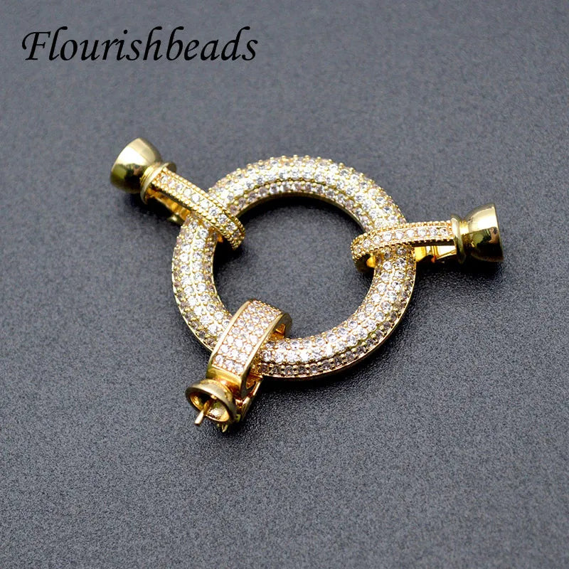 New Design Gold Plated CZ Paved Big Size Copper Brass Round Spring Clasp for Necklaces Jewelry Making