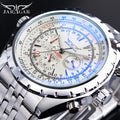 Jaragar Blue Light Glass Design Automatic Watch White Silver Stainless Steel Mechanical Luminous Date Business Sport Clock