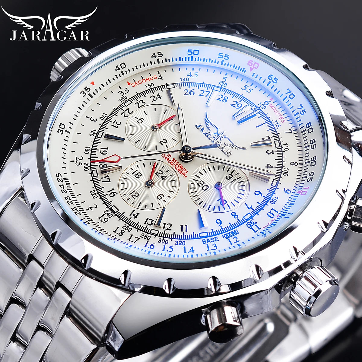 Jaragar Blue Light Glass Design Automatic Watch White Silver Stainless Steel Mechanical Luminous Date Business Sport Clock
