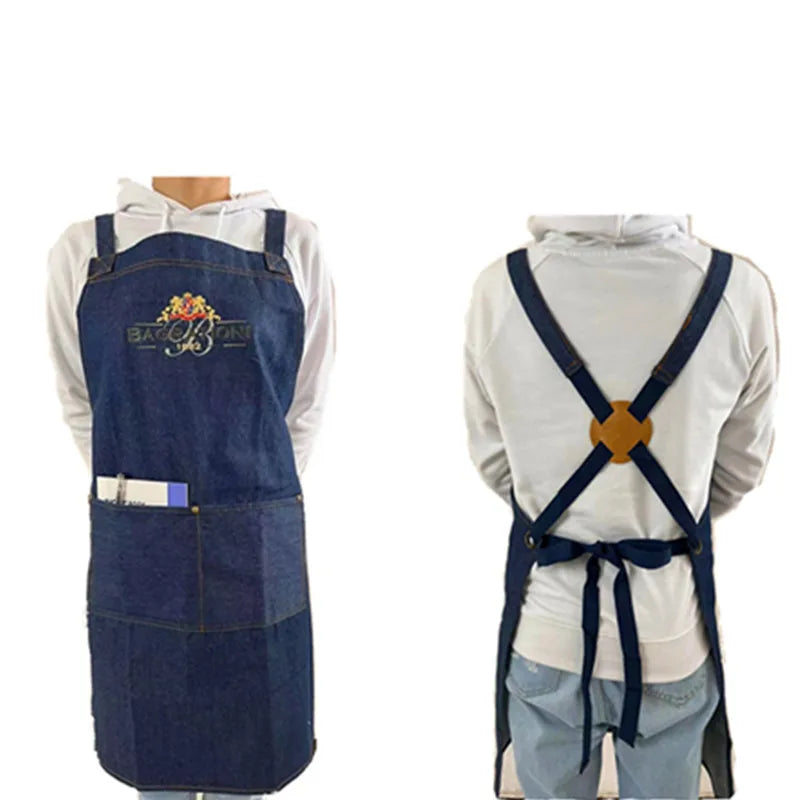 JM Denim Cross Back Sleeveless Bib Apron Unisex Adult Custom Logo Heat Transfer 68x79cm Two Pockets Cotton Webbing Straps