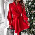 S-XL Light Luxury Temperament Lantern Long Sleeved Suit Collar Dress Waist Tied A-line Large Swing Fluffy Dress