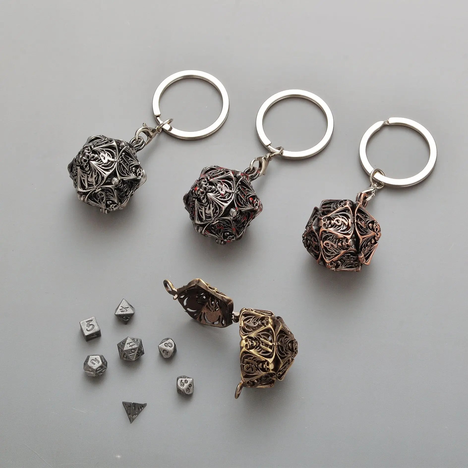 Copper Mini 6mm Polyhedral Dice Keychain Set with Engraved Design for DND RPG Tabletop Games