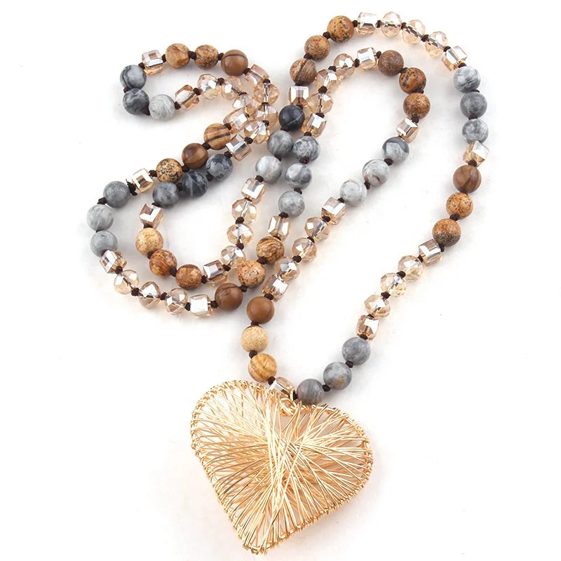 New Design Bohemia 8mm Amazonite Pic Map Jasper Natural Stone Crystal Glass Gold Wire Enwind Heart Pendant Necklace