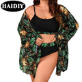 New Hot Plus Size 3 Piece Bikini Set Beach Wear High Waist Swimsuit Fat Women Swimwear With Cover up Prints Leaf