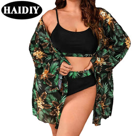 New Hot Plus Size 3 Piece Bikini Set Beach Wear High Waist Swimsuit Fat Women Swimwear With Cover up Prints Leaf