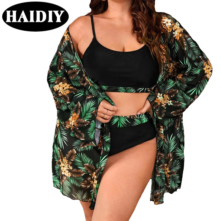 New Hot Plus Size 3 Piece Bikini Set Beach Wear High Waist Swimsuit Fat Women Swimwear With Cover up Prints Leaf