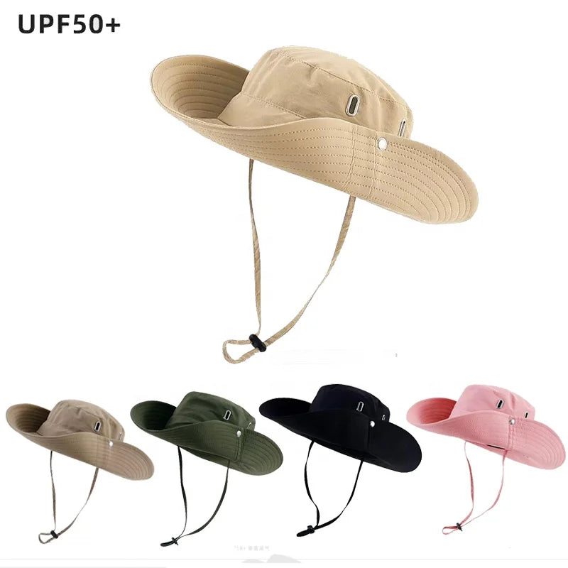 Popular Custom Drawstring Fisherman Hat Breathable Quick Dry UPF50+ UV Protection Outdoor Western Cowboy Summer Wide Bucket Hat