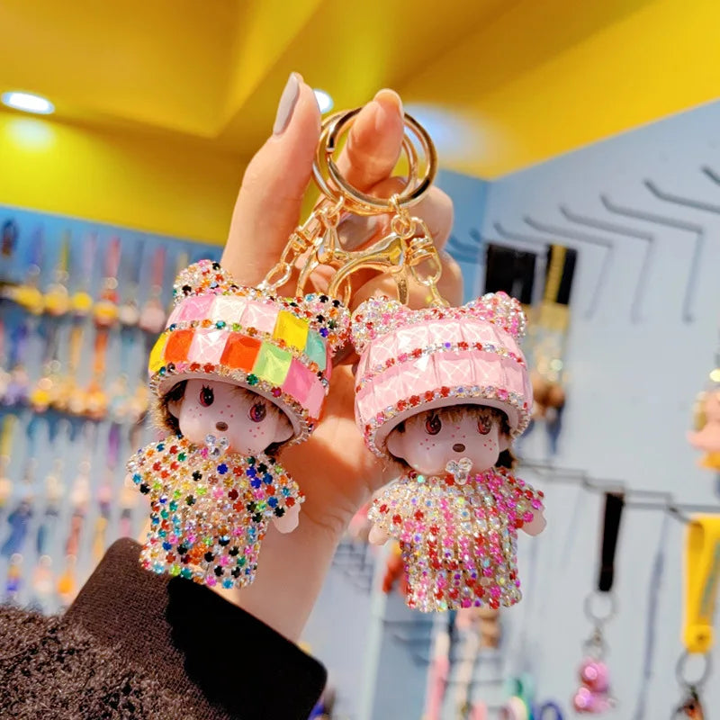 New Design 3D Cute Rhinestone Girl Keychain Fashion Couple Doll Key Chain Glitter Diamond Keychain Bag Car Key Pendant