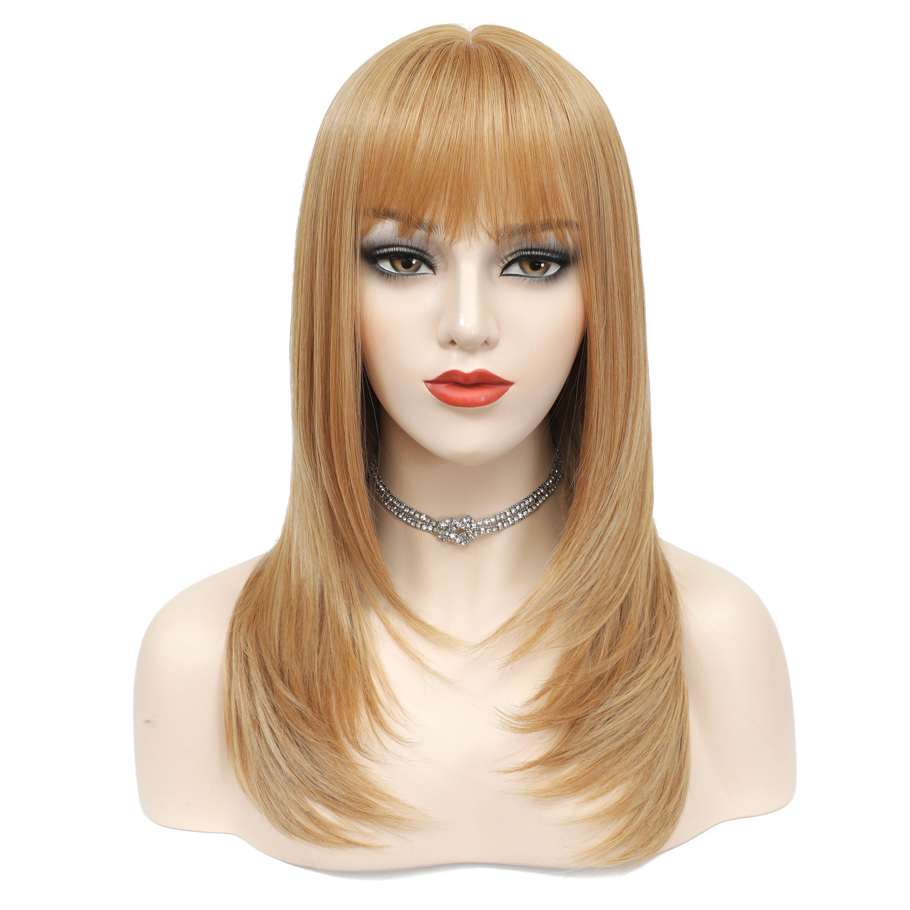 X-tress Honey Brown Long Straight High Temperature Synthetic Machine Made Wigs for Black Women Natural Hair Wig With Bangs