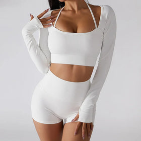 Wholesale Hot Sale Women Long Sleeve Gym Top Custom logo Solid Color Cross Back Fitness Yoga Tops for Women