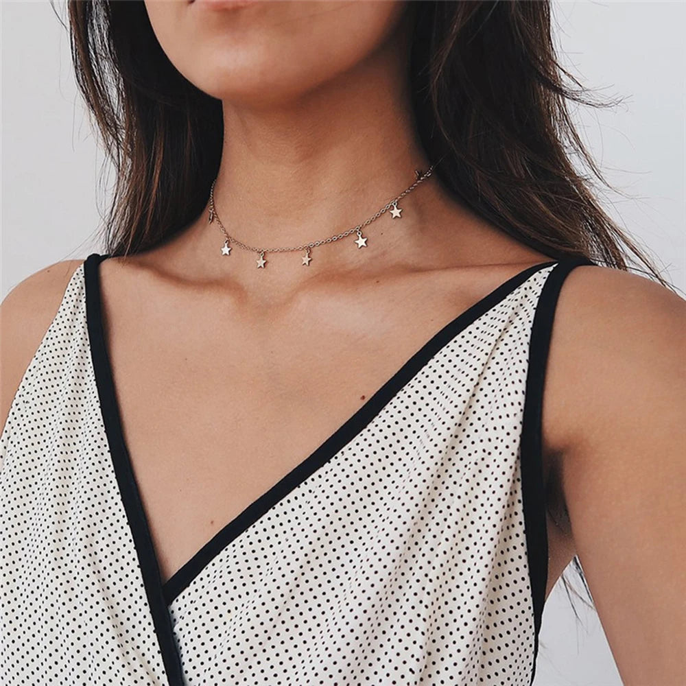 EManco Classic Fashion Lucky Star Sign Choker Necklace Stainless Steel Chain Statement Gold Adjustable Necklace for Women Girls MegaBDM