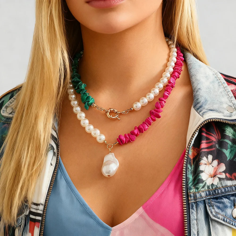 2Pcs/Set Y2K Colorful Turquoise Imitated Pearl Necklace for Women Charms Lady Stacked Beaded Chokers Fashion Jewelry Accessories