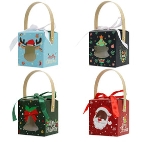Christmas Candy Cookie Treat Paper Boxes With Window Xmas Party Favour Gift Packaging Paper Boxes With Handle for Presents