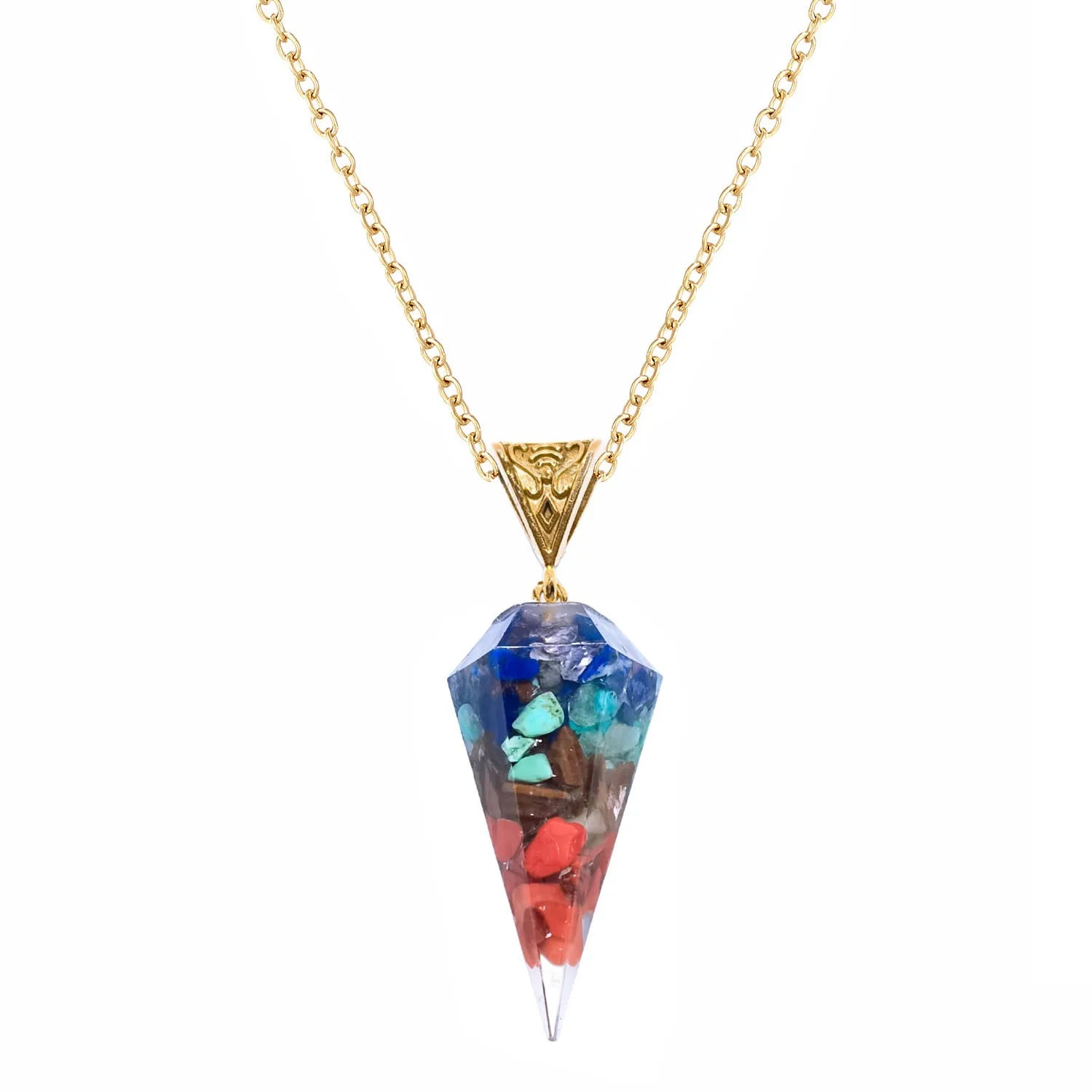 Seven Chakra Natural Stone Gravel Resin Cone  Hexagonal Pendant Necklace Crystal Healing Orgonite Pendant Necklace