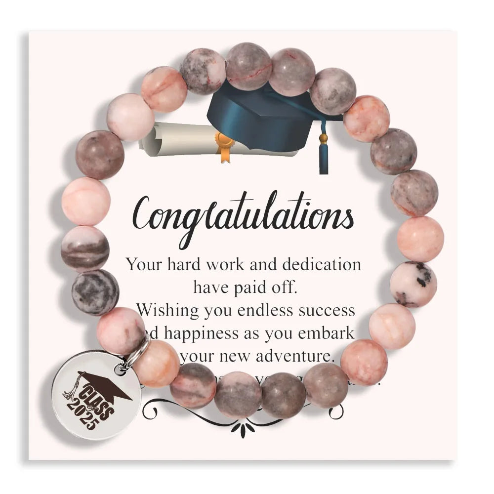 Graduation Gift Natural Stone Pink Zebra Bead Jewelry Bracelet Gift for Graduate Senior Class of 2024 2025 2026 Beaded Bracelet