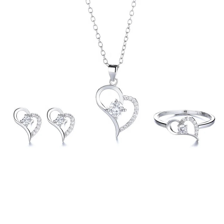 Yaeno Real Silver 925  Heart Design Full Jewelry Set Ring Earrings and Necklace Set for Women